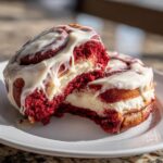 A rich, red velvet cinnamon rolls cut in half revealing a thick cream cheese filling and drizzled with white icing.