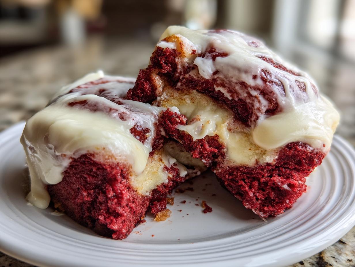 Close-up of two halves of a red velvet cinnamon rolls showing the rich red interior and thick cream cheese frosting.
