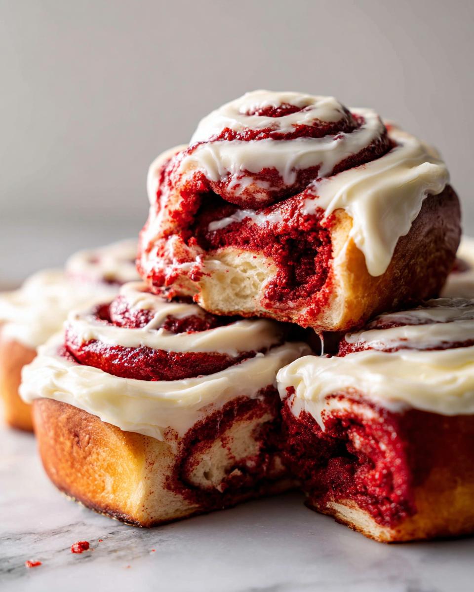A stack of gooey, bright red velvet cinnamon rolls generously topped with white cream cheese frosting.
