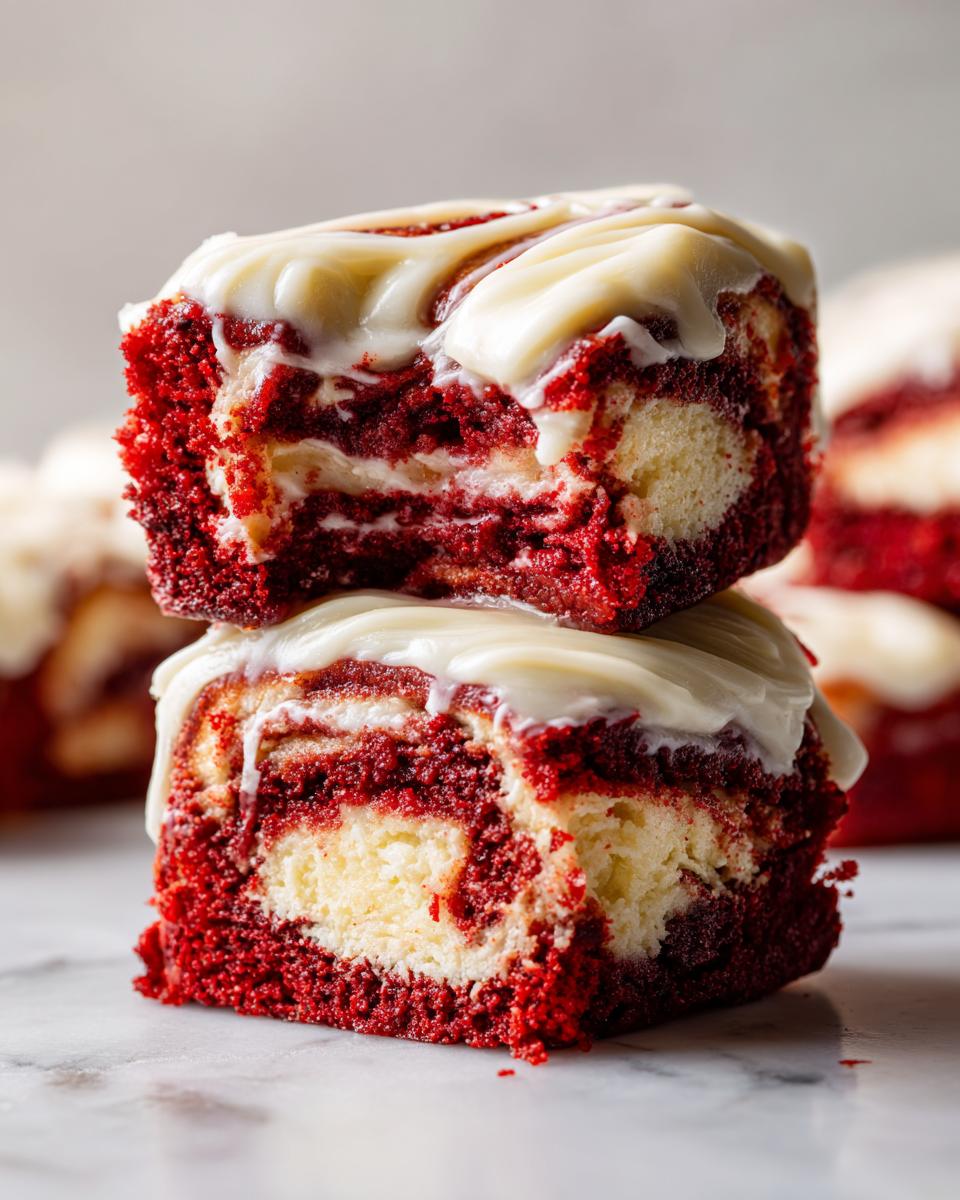 Two stacked squares of rich red velvet cinnamon rolls featuring a marbled cream cheese filling and thick white frosting.