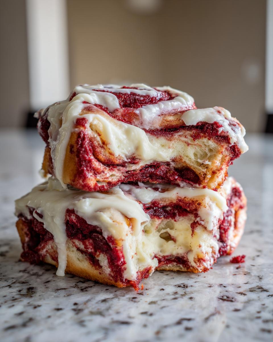 Two stacked red velvet cinnamon rolls, cut open to show the swirl and covered in dripping cream cheese icing.
