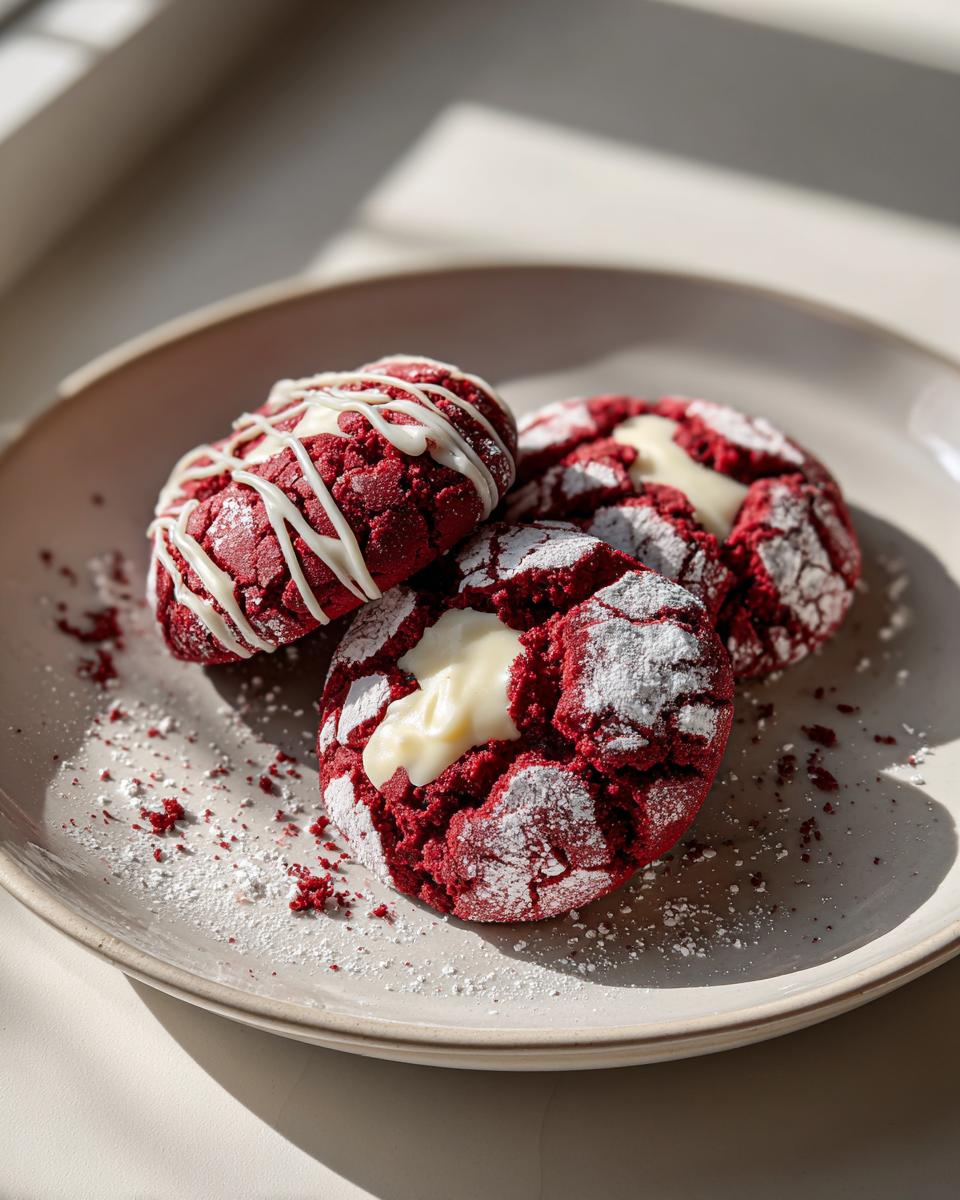 Three vibrant red velvet cookies dusted with powdered sugar, two showing a creamy white filling, on a light plate.