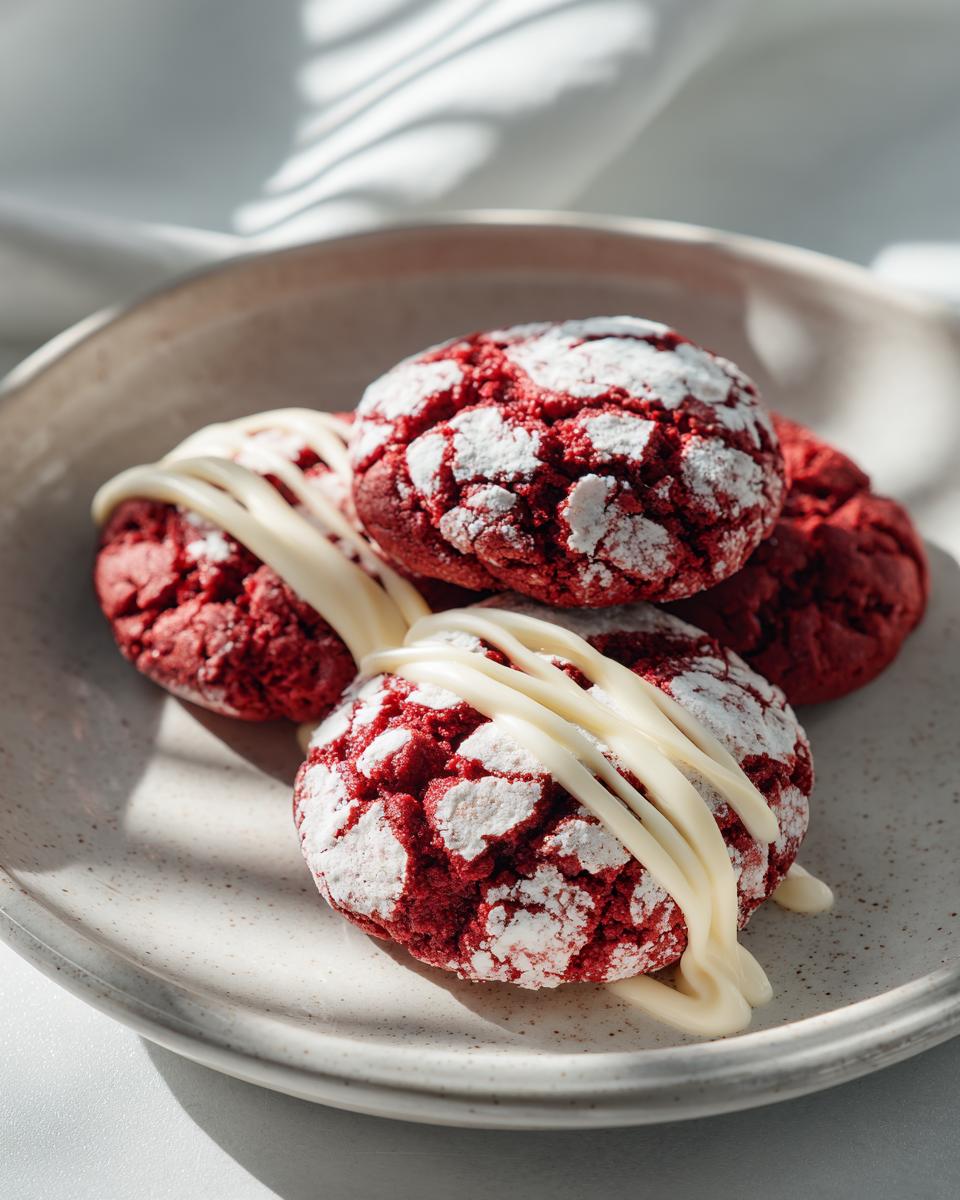 A stack of vibrant red velvet cookies, dusted with powdered sugar and drizzled with white chocolate.