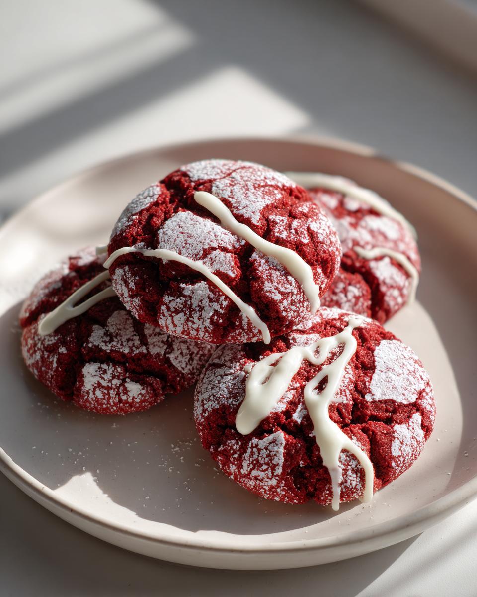 A stack of four vibrant red velvet cookies, dusted with powdered sugar and drizzled with white chocolate.