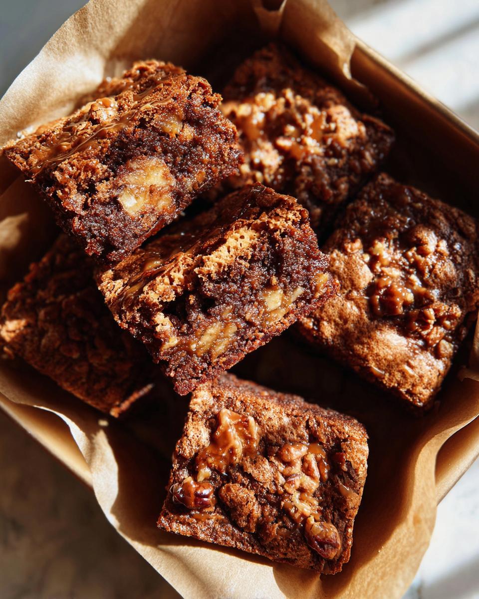 A close-up overhead shot of several rich, fudgy apple brownies with visible chunks of apple and caramel topping.