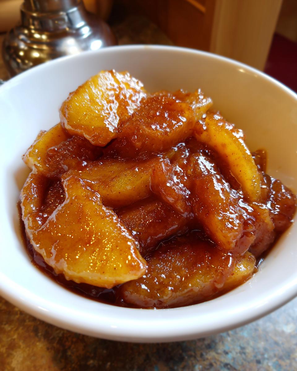 Close-up of thick, caramelized apple pie filling coated in cinnamon sugar sauce served in a small white bowl.
