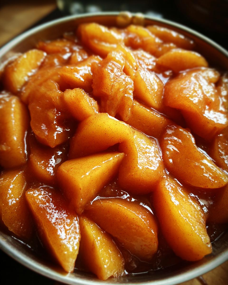 Close-up of thick, glossy, spiced apple pie filling slices simmering in a metal bowl.