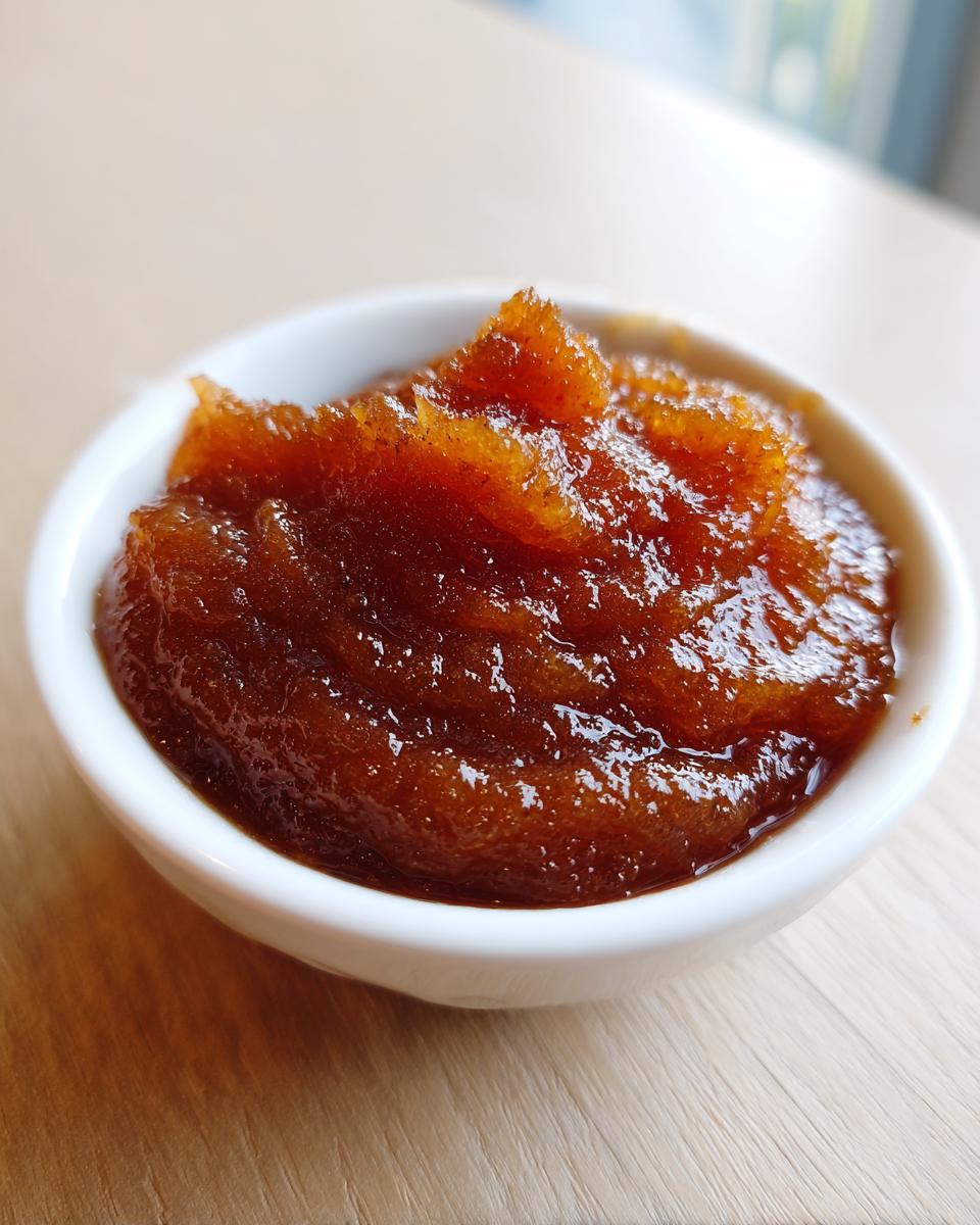 Close-up of thick, rich brown pear butter served in a small white bowl on a light wooden surface.