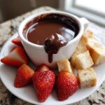 A white bowl filled with rich chocolate fondue, served with fresh strawberries and cubed pound cake for dipping.