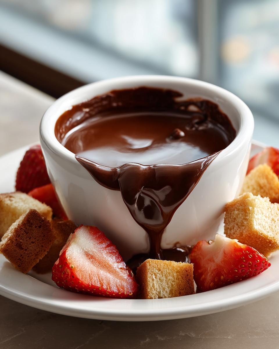 Close-up of rich chocolate fondue overflowing from a white bowl, surrounded by fresh strawberries and pound cake cubes.