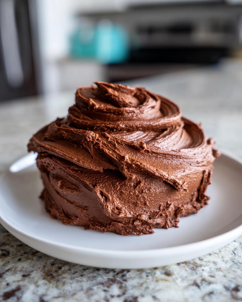 A generous mound of rich, dark chocolate frosting swirled high on a white plate, ready for spreading.
