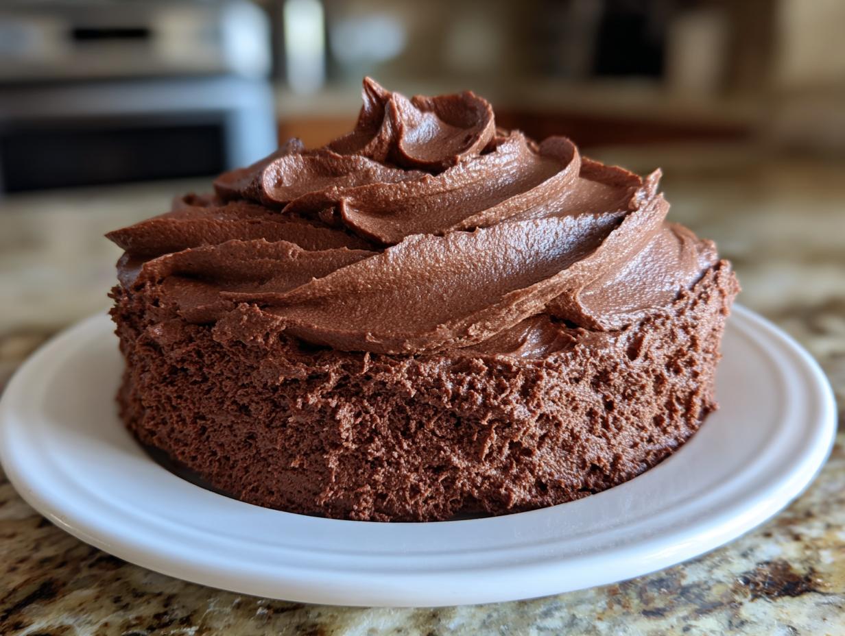 A small, dark chocolate cake generously topped with swirls of rich chocolate frosting.