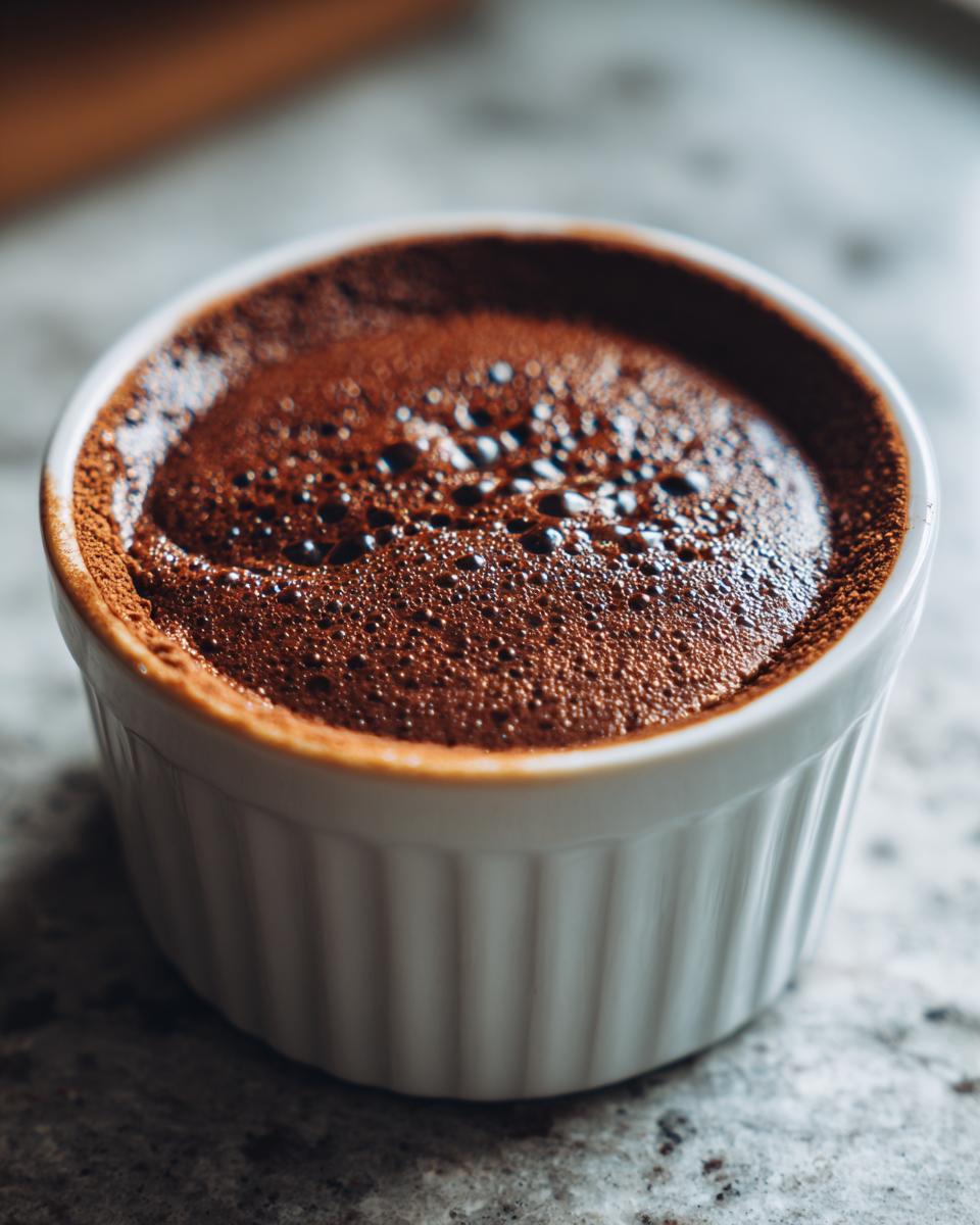 Close-up of rich, dark chocolate mousse with small bubbles on top, served in a white fluted ramekin.