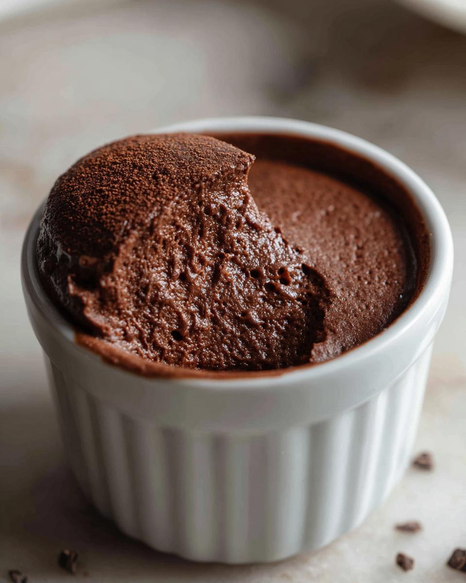 Close-up of airy, rich chocolate mousse in a white fluted ramekin, dusted with cocoa powder.