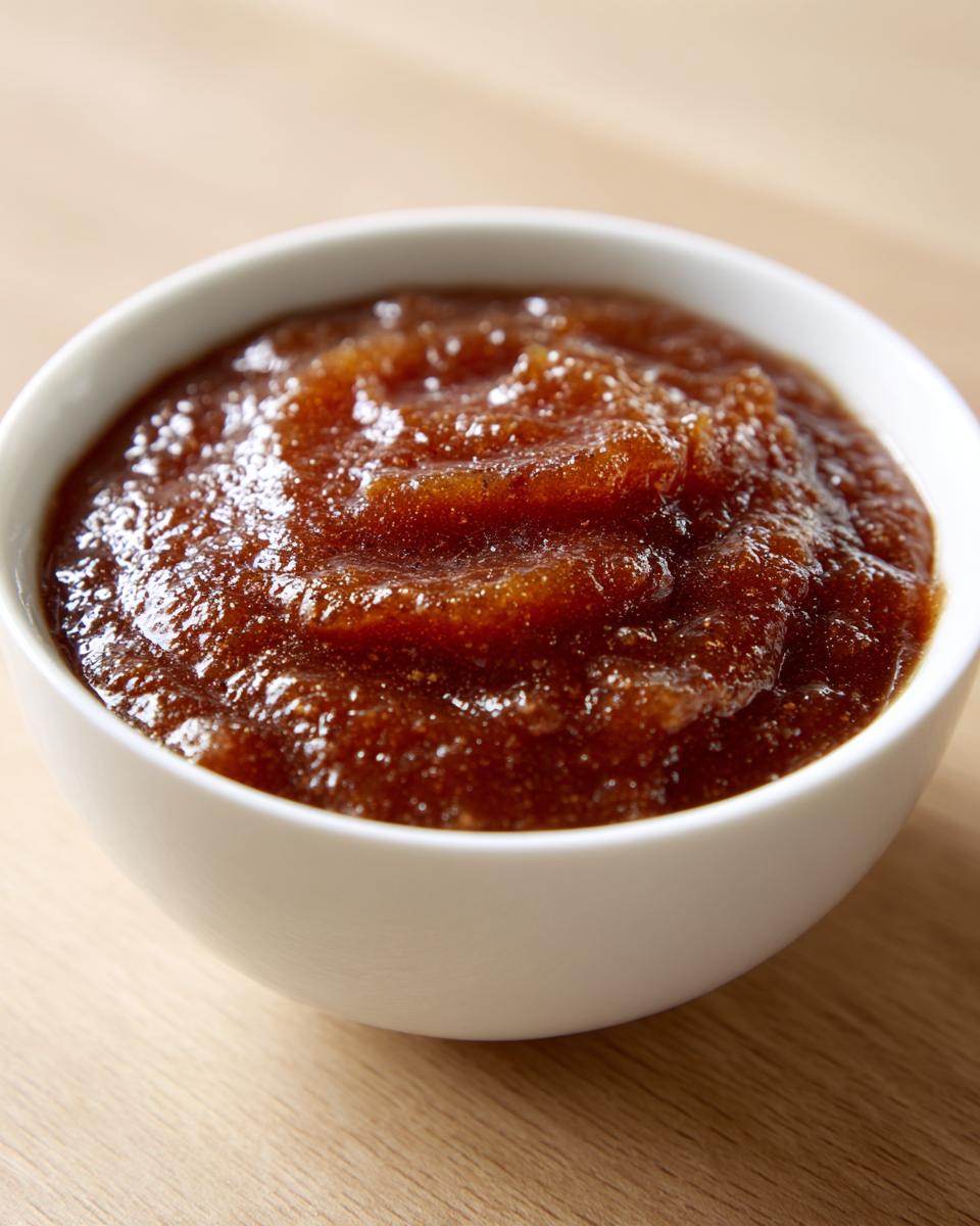 Close-up of thick, rich brown pear butter served in a small white bowl on a wooden surface.