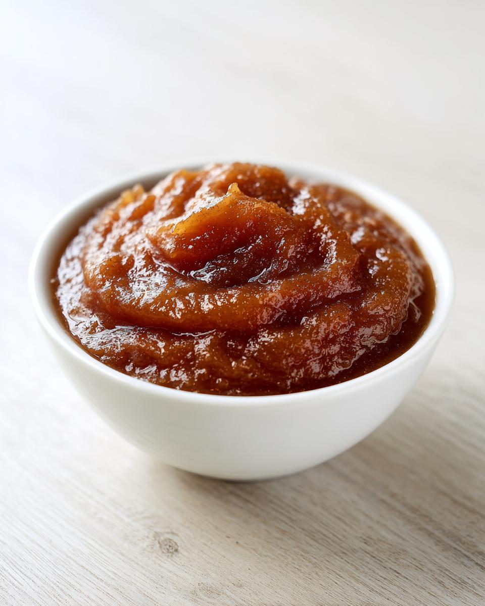 A close-up of thick, rich, dark brown homemade pear butter served in a small white bowl.