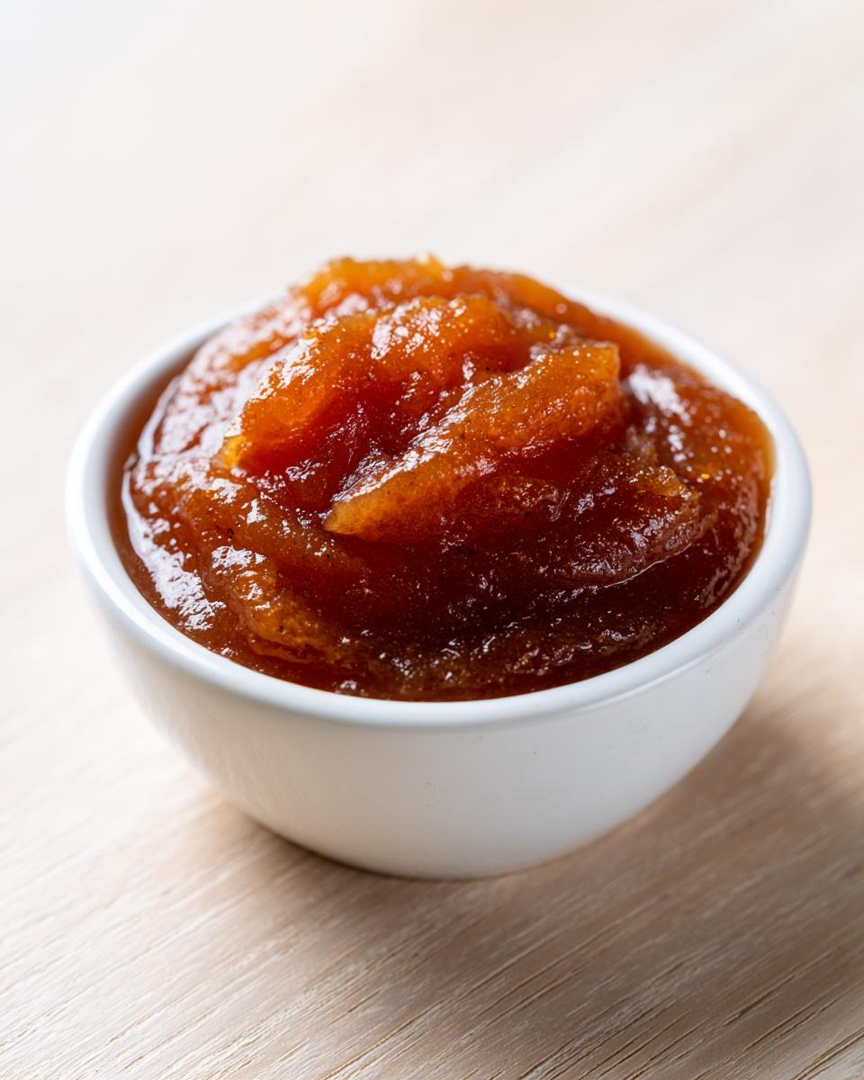 A close-up of thick, dark brown homemade pear butter served in a small white ramekin on a light wood surface.