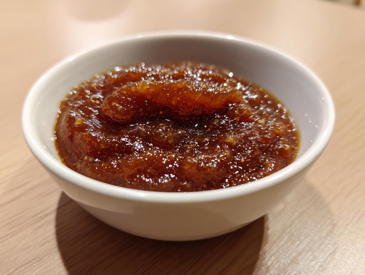 Close-up of thick, rich brown pear butter served in a small white bowl on a light wooden surface.