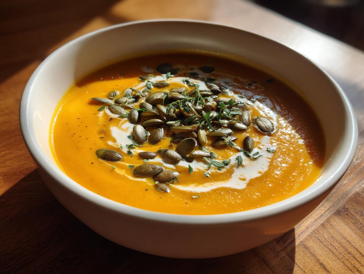 A vibrant bowl of roasted butternut squash soup topped with cream swirl, pumpkin seeds, and thyme.