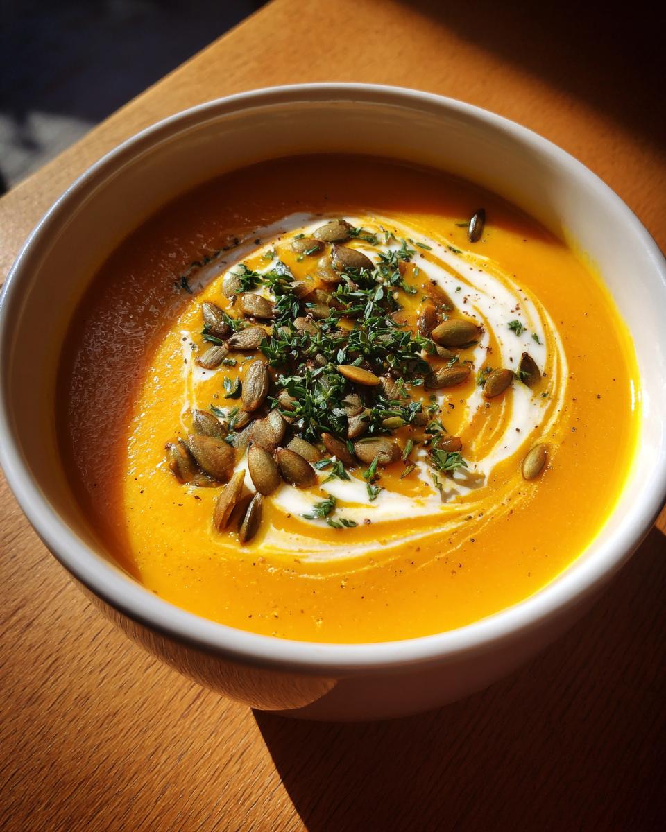 A vibrant bowl of roasted butternut squash soup, swirled with cream and topped with pumpkin seeds and herbs.