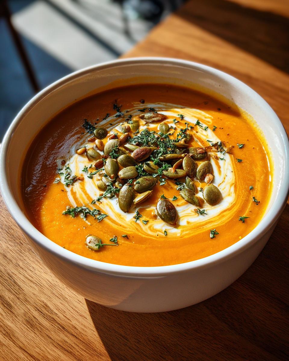 A vibrant bowl of roasted butternut squash soup, swirled with cream and topped with toasted pepitas and herbs.