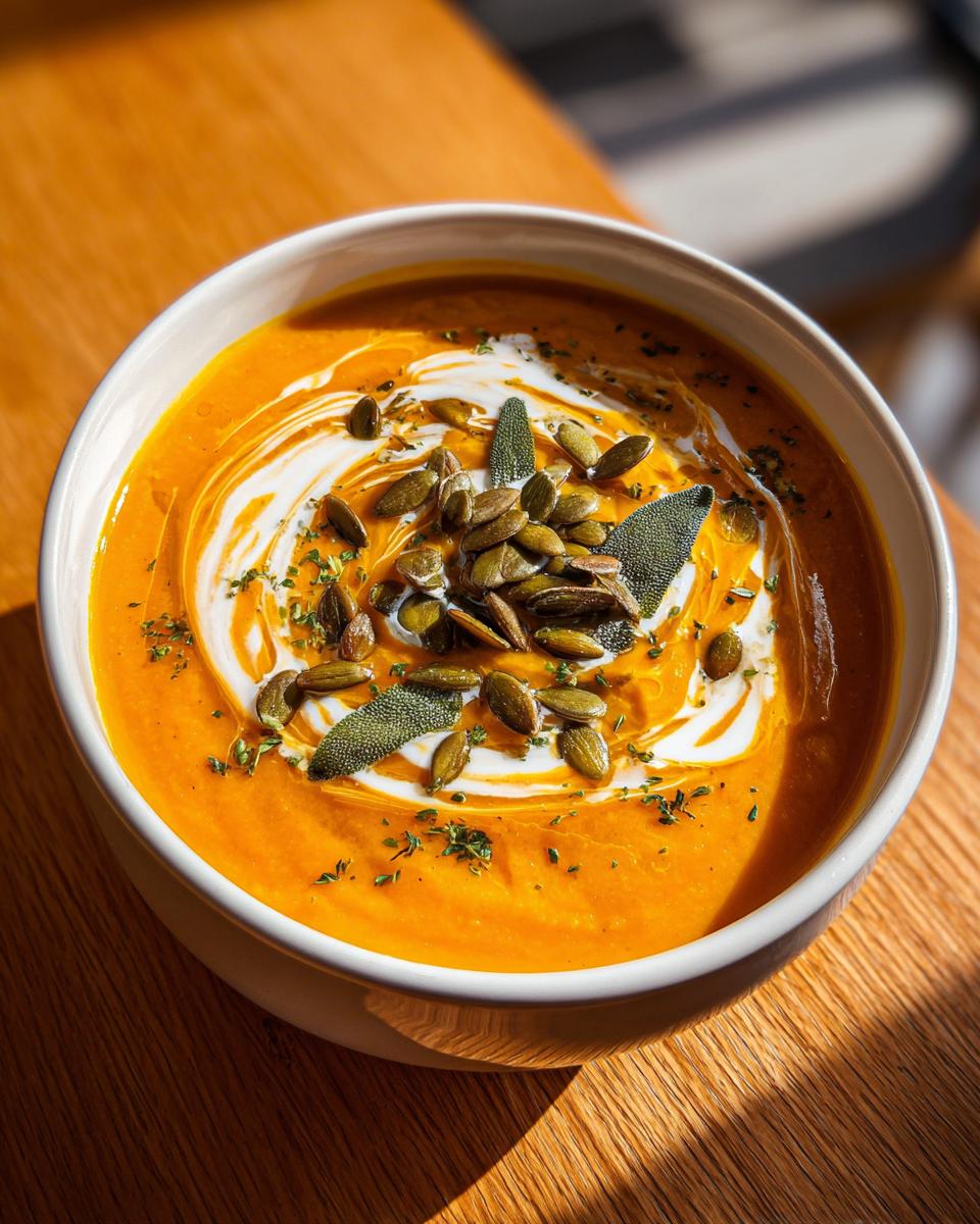 A vibrant bowl of roasted butternut squash soup, swirled with cream and topped with pepitas and sage.