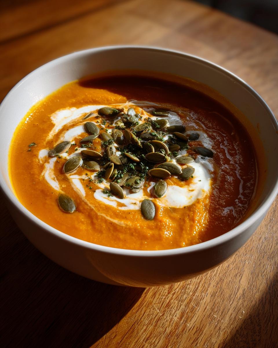 A vibrant bowl of roasted butternut squash soup, swirled with cream and topped with pumpkin seeds.