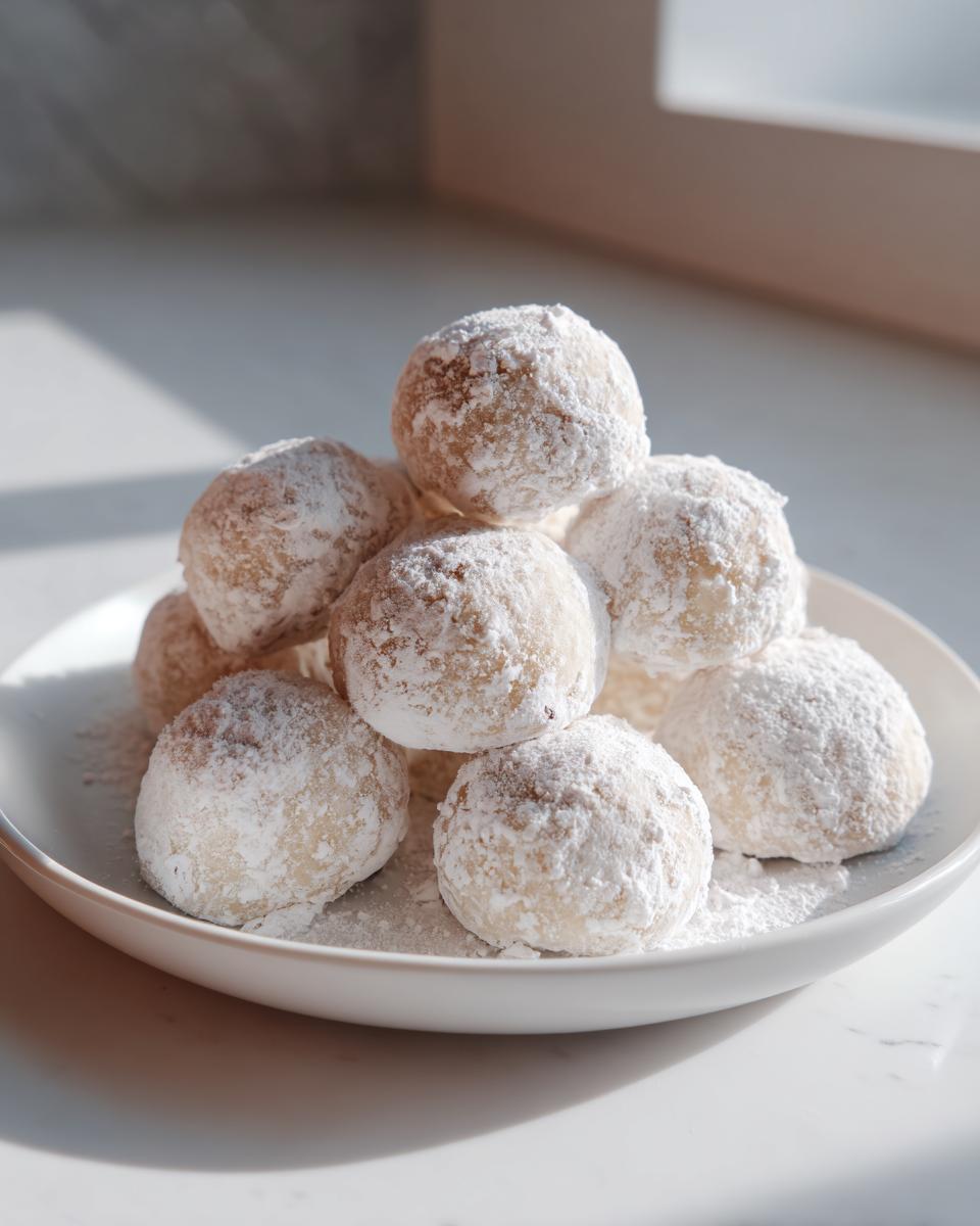 A mound of freshly baked russian tea cakes heavily dusted with white powdered sugar, sitting on a white plate.