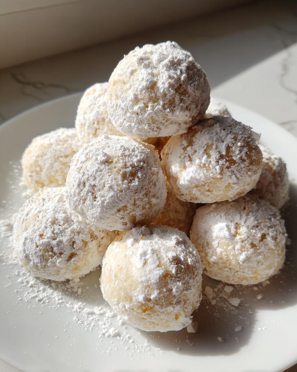 A mound of freshly baked russian tea cakes heavily dusted with white powdered sugar on a white plate.
