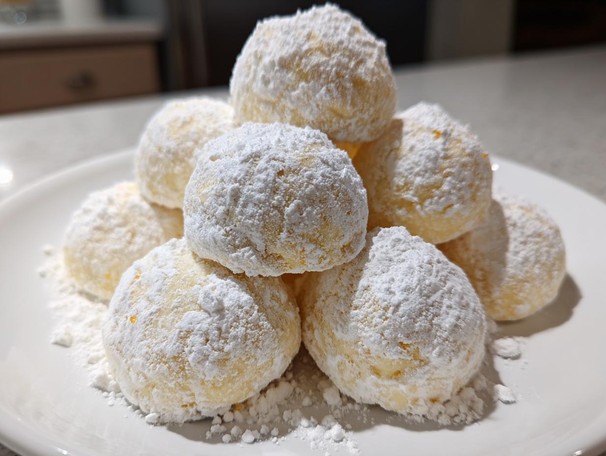 A close-up of several freshly baked russian tea cakes piled high on a white plate, heavily dusted with powdered sugar.