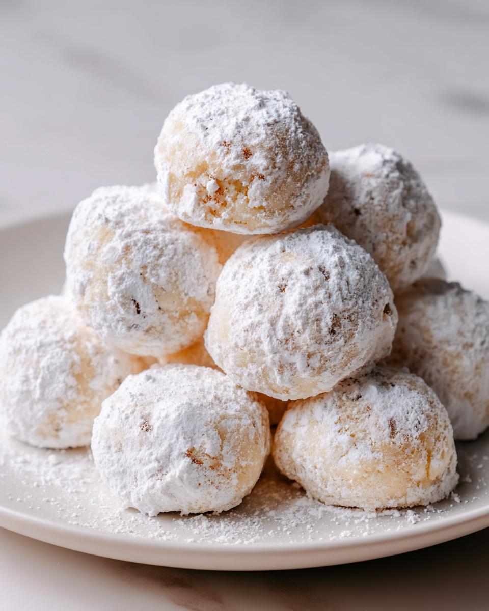 A close-up stack of freshly baked russian tea cakes heavily dusted with white powdered sugar on a light plate.