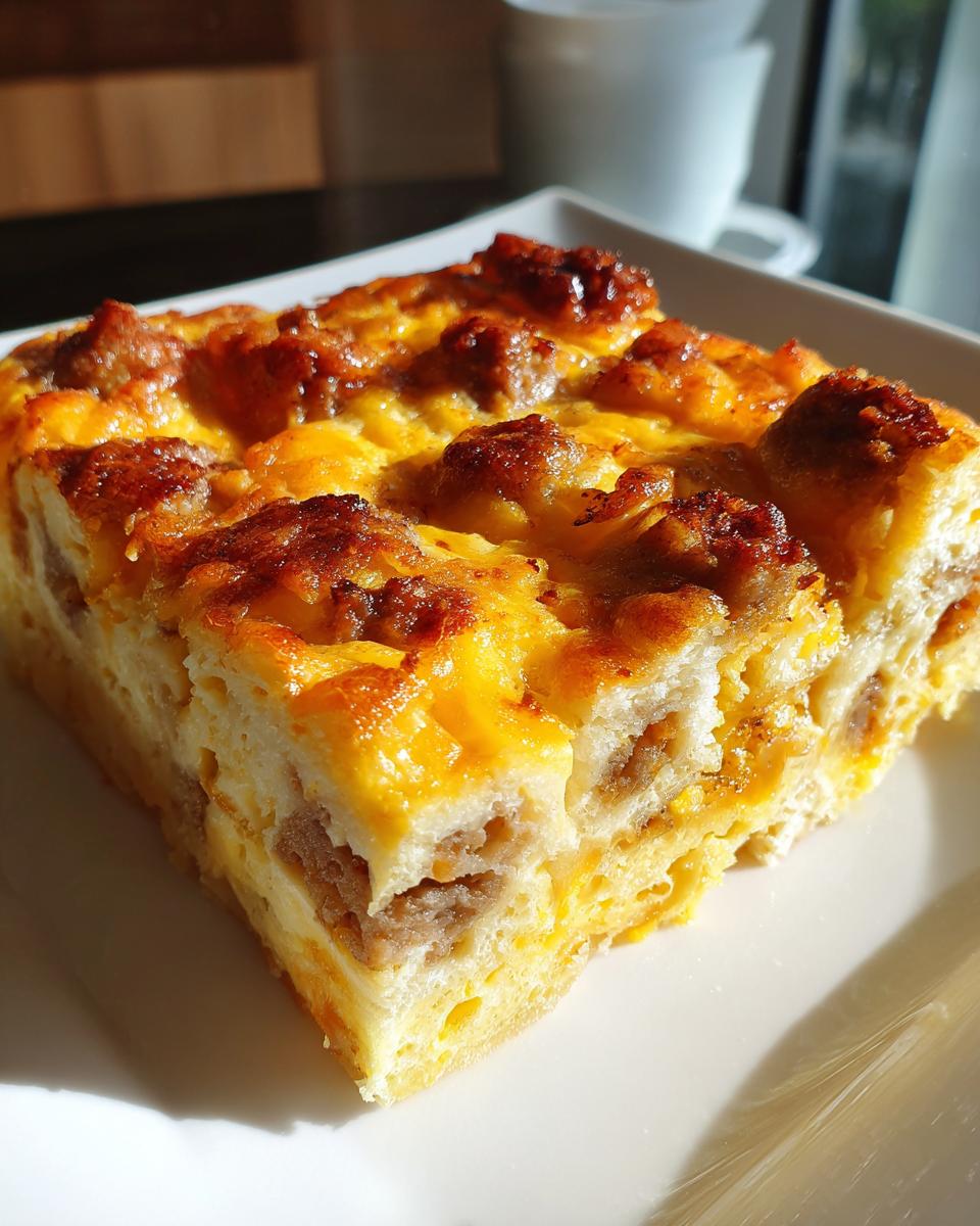 A close-up of a square slice of cheesy, baked christmas breakfast casserole topped with browned sausage.