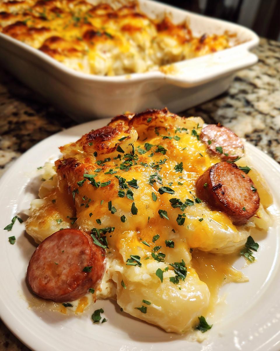 A close-up serving of cheesy pierogi casserole topped with melted cheddar and sliced smoked sausage.