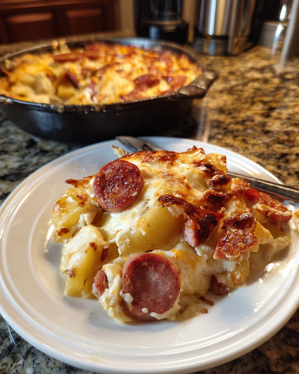 A serving of baked pierogi casserole topped with melted cheese and slices of smoked sausage on a white plate.