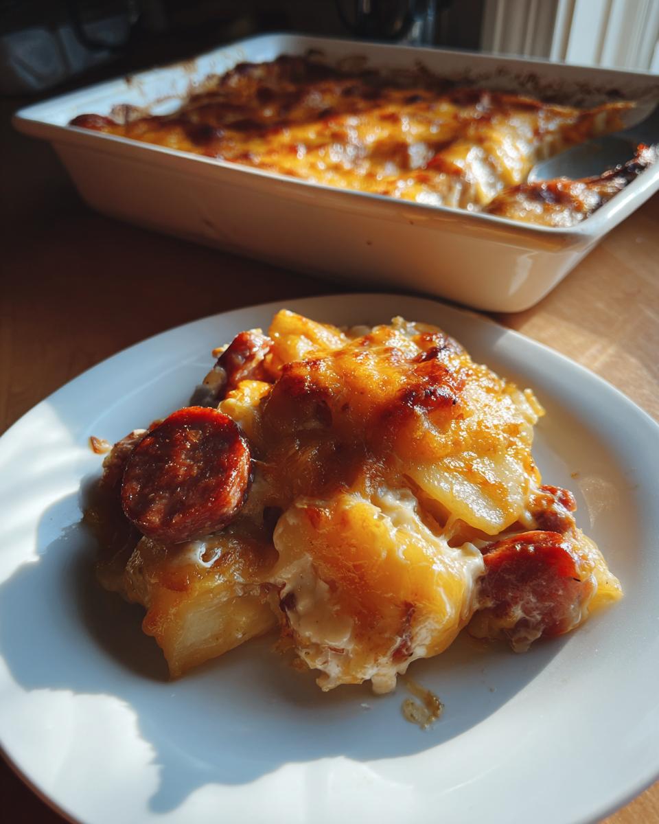 A serving of cheesy pierogi casserole with slices of smoked sausage on a white plate, with the baking dish in the background.