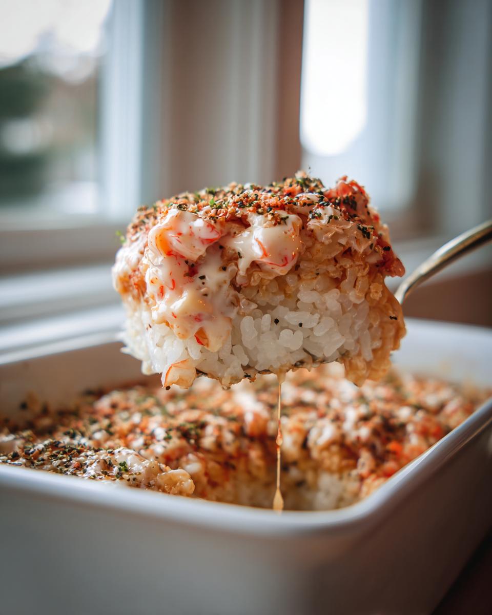 A golden spoon lifts a generous scoop of creamy, baked sushi bake casserole topped with furikake.