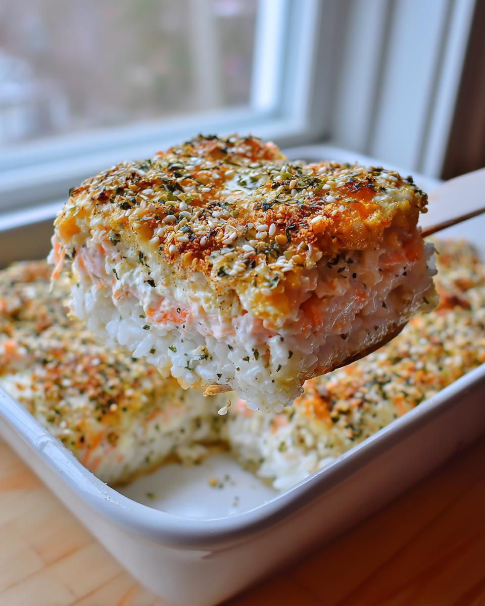 A spatula lifts a square portion of creamy, baked sushi bake casserole topped with everything bagel seasoning.