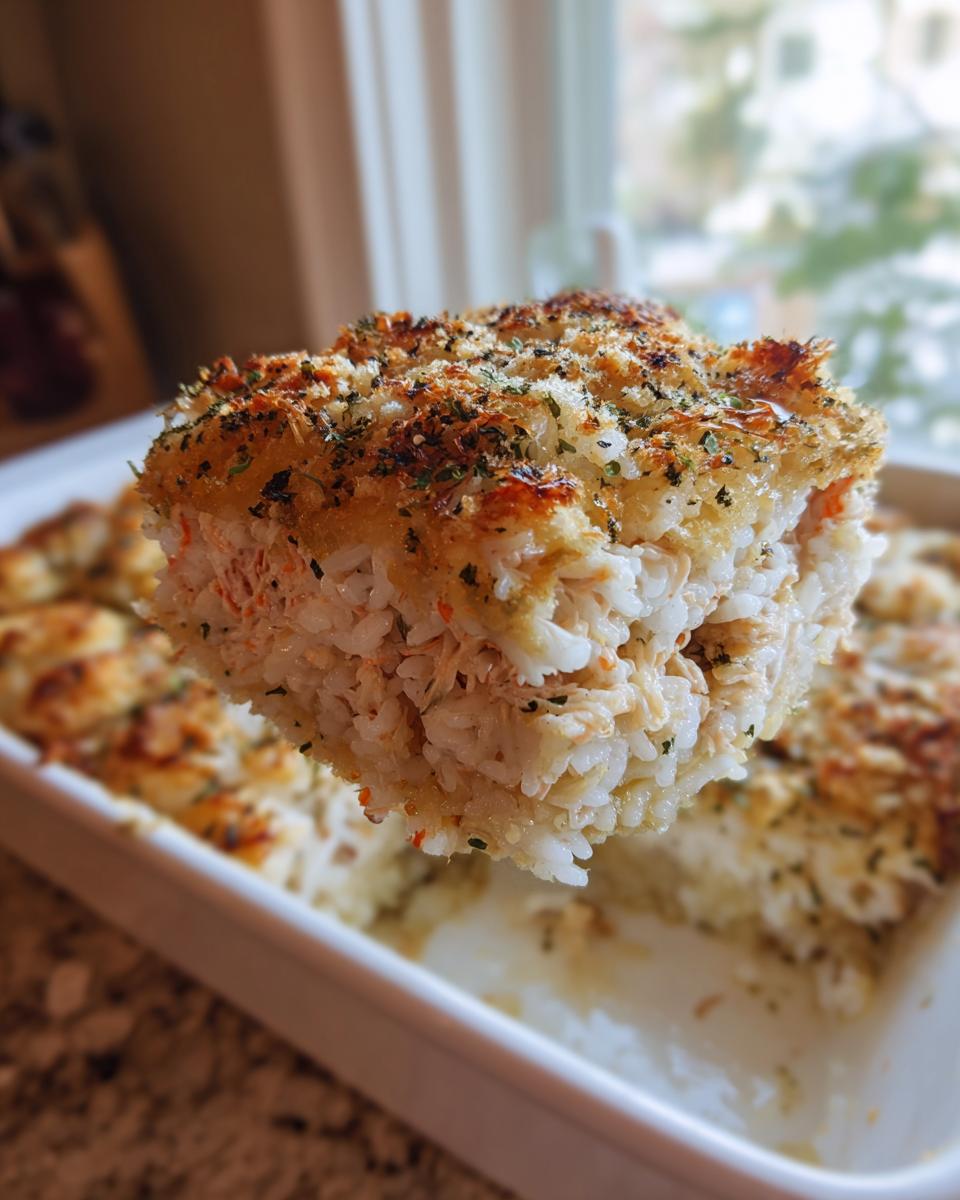 A close-up shot of a lifted square portion of baked sushi bake casserole with a crispy, herbed topping.