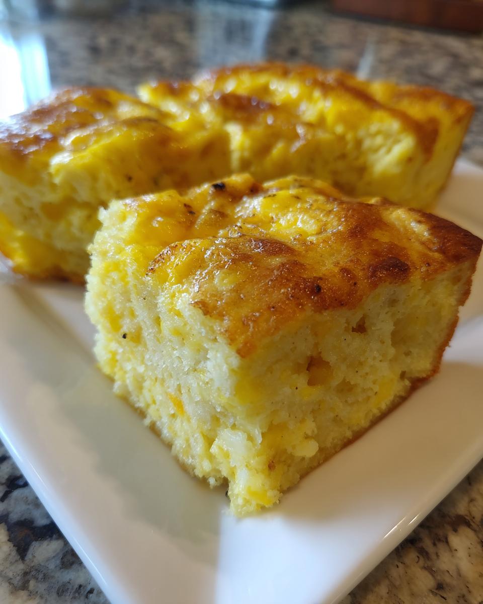 Close-up of a square portion of baked sheet pan eggs, showing a fluffy, cheesy, golden-brown texture.