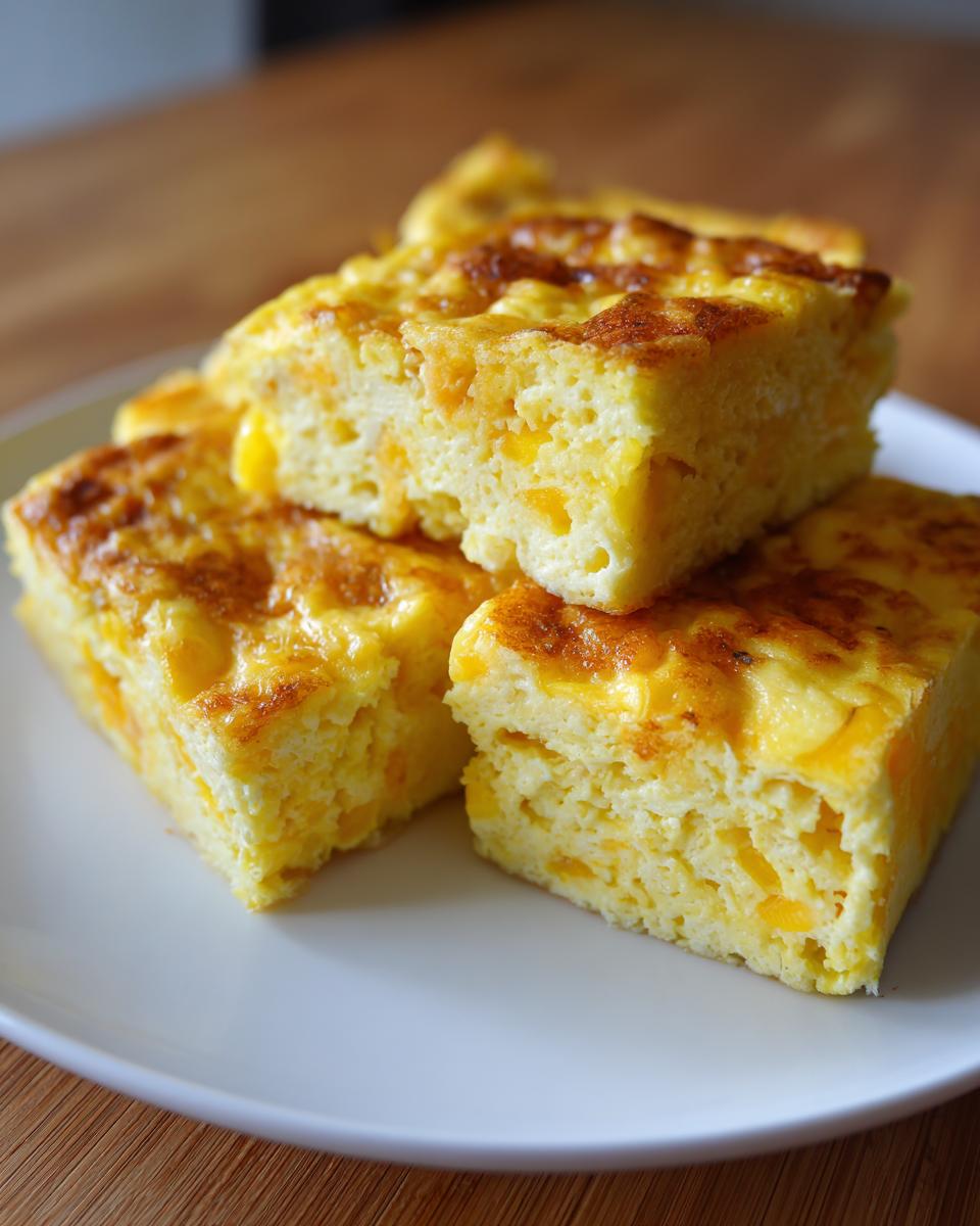 Three square portions of fluffy, baked sheet pan eggs with melted cheese stacked on a white plate.