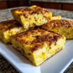 Close-up of several square portions of baked sheet pan eggs with a rich, golden-brown top served on a white plate.