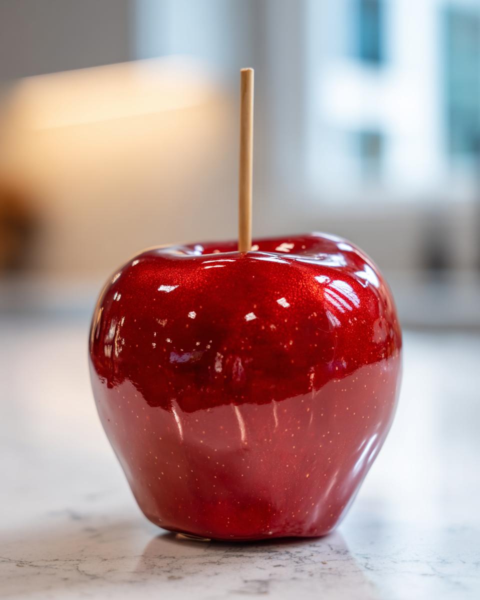 Close-up of a single, glossy, deep red candy apple with a wooden stick inserted.