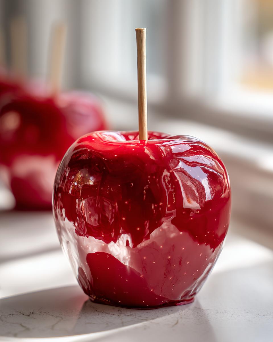 A close-up, shallow depth of field photo of one bright red, glossy candy apple with a wooden stick inserted, sitting on a light surface.