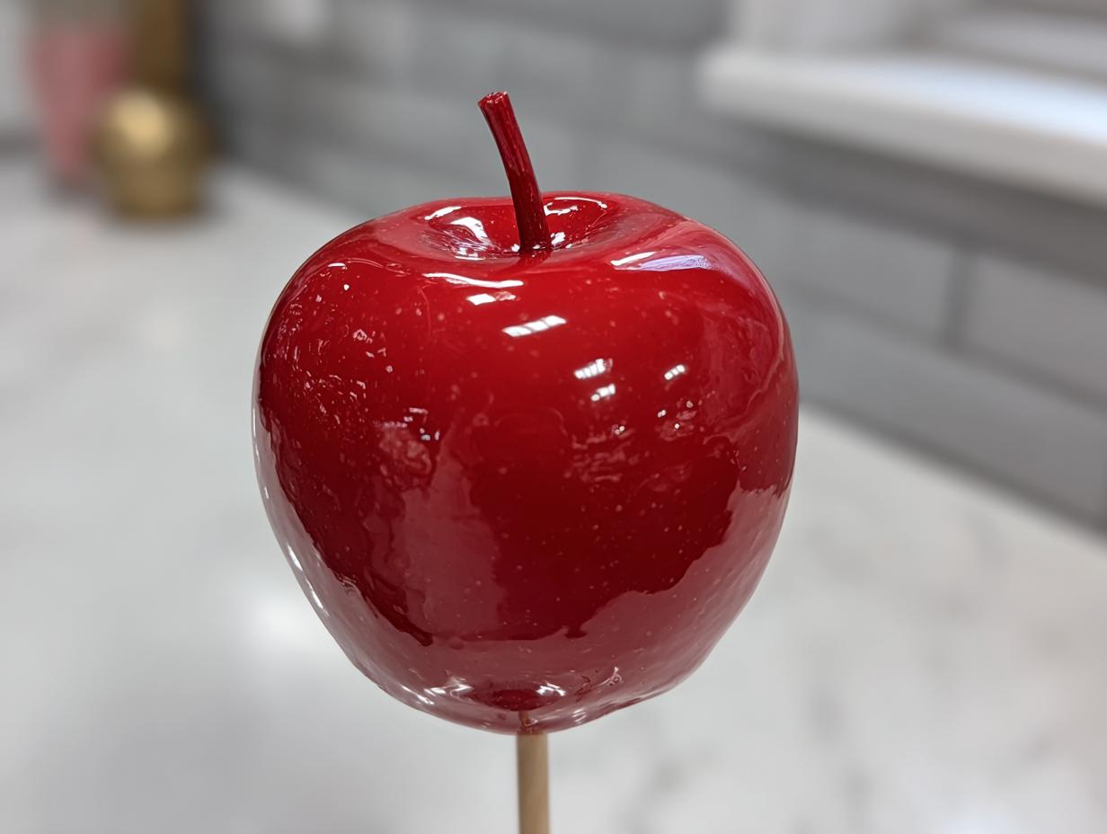 Close-up of a single, perfectly glazed, bright red candy apple on a wooden stick.