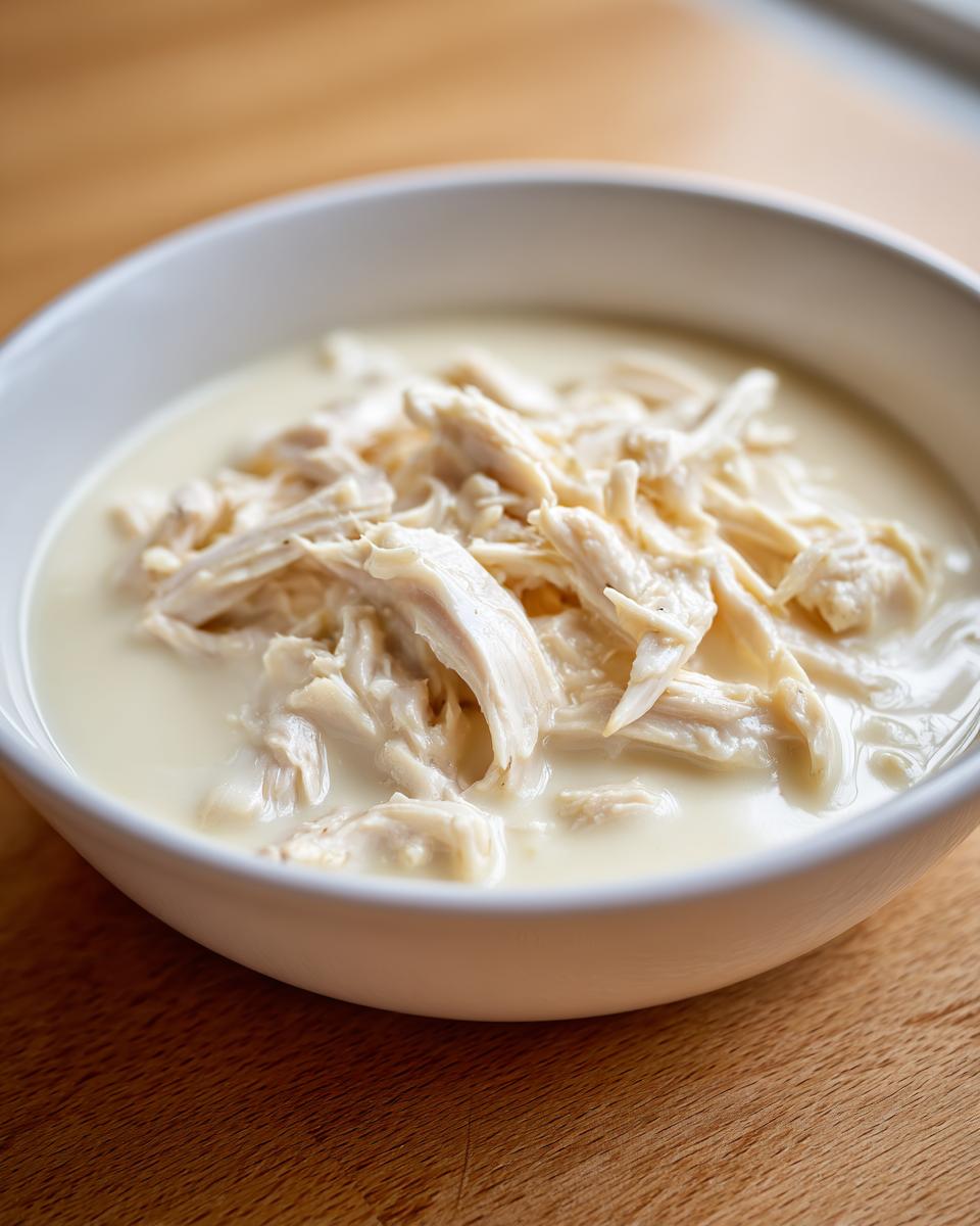 Close-up of shredded chicken breast submerged in a rich, creamy white base for cream of chicken soup.