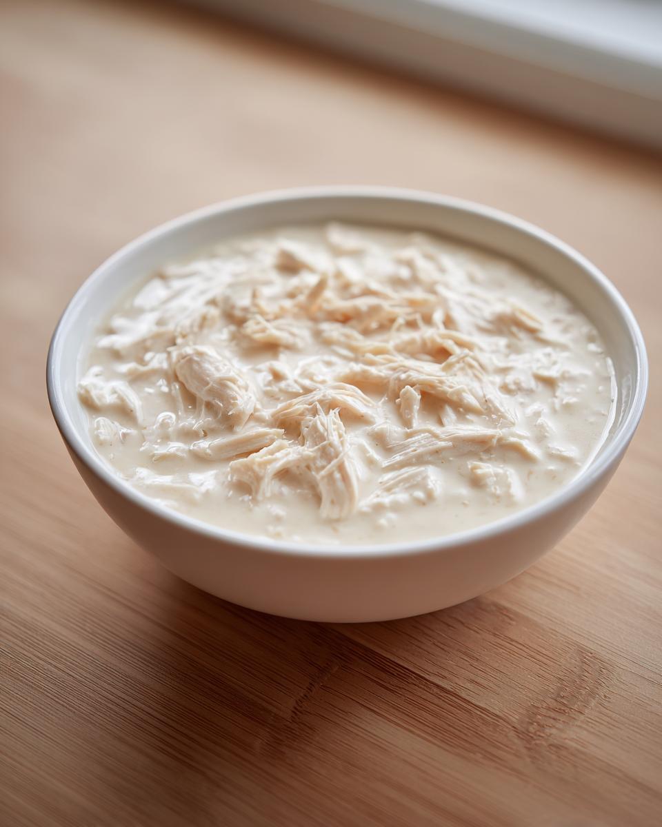 A white bowl filled with shredded chicken submerged in a thick, creamy base, representing homemade cream of chicken soup.