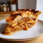 A close-up of a thick slice of apple pie recipe showing flaky crust and gooey cinnamon apple filling.