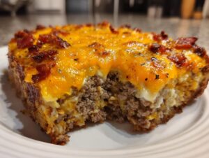 Close-up of a hearty slice of bacon cheeseburger casserole with ground beef, melted cheddar, and bacon bits.