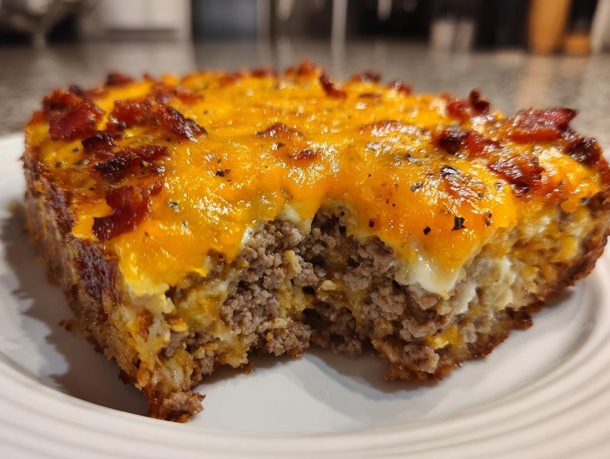 Close-up of a hearty slice of bacon cheeseburger casserole with ground beef, melted cheddar, and bacon bits.