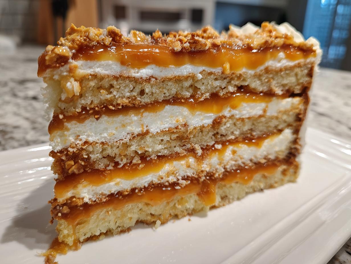 A tall slice of caramel crunch cake showing layers of sponge, white cream, and rich caramel filling topped with nuts.